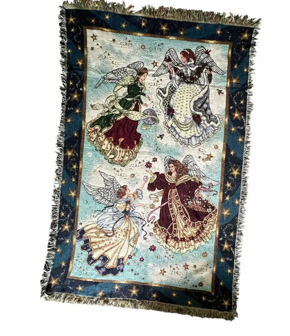 Angel tapestry blanket, celestial, stars border, woven, fringed, 44